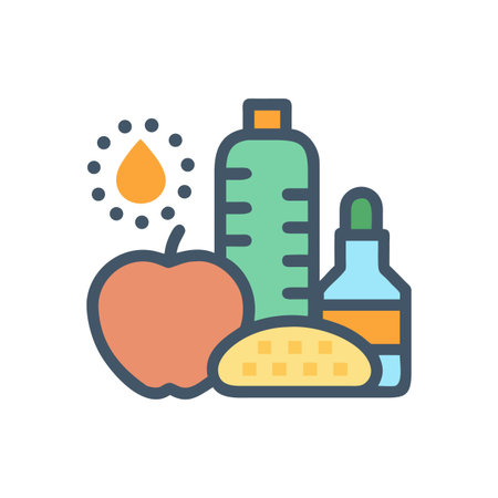 Healthy food flat icon illustration showing water, bread, apple on a black backgroundのイラスト素材