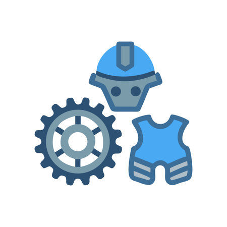 Blue gear, hard hat, and vest representing safety, construction, engineering, and teamwork.のイラスト素材