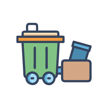 Stylized green trash can overflowing with blue and brown paper waste on wheelsのイラスト素材