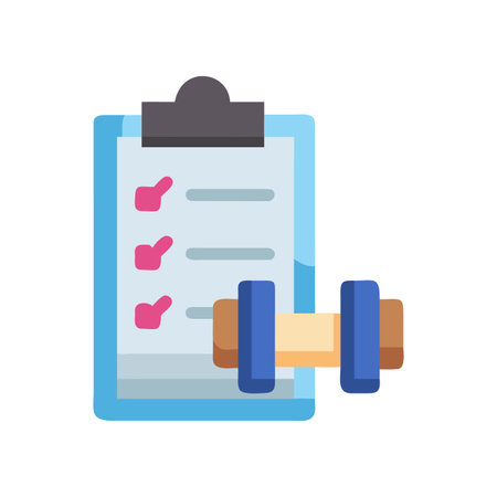 Fitness plan on clipboard with dumbbell, goals achievement and workout progressのイラスト素材