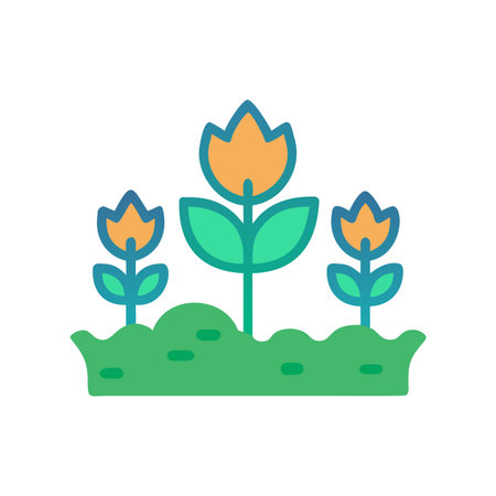 Stylized cartoon illustration of three growing flowers in a garden bed on black.のイラスト素材