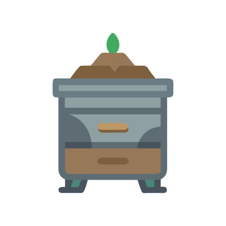 Flat Illustration of a Grey Composter with Brown Soil and a Green Sproutのイラスト素材