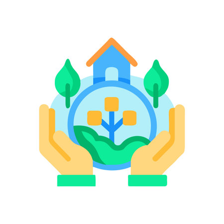 Hands holding nature scene with house and tree representing environmental protectionのイラスト素材