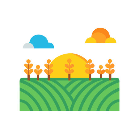 Autumn field with rising sun, flat style vector illustration on black backgroundのイラスト素材