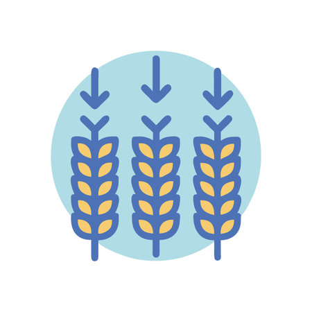 Minimalist illustration of wheat ears within a circle with down arrows indicating growthのイラスト素材