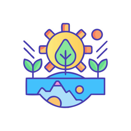 Eco Technology Concept with Gear, Leaf, and Landscape on a Black Backgroundのイラスト素材