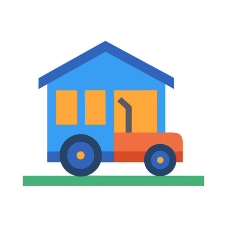 Stylized illustration of house on wheels mobile home concept against black backgroundのイラスト素材