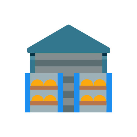 Flat vector illustration of a warehouse interior with oranges in shelves on black backdropのイラスト素材