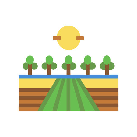 Flat Illustration of Agricultural Landscape with Trees, Field, and Setting Sunのイラスト素材