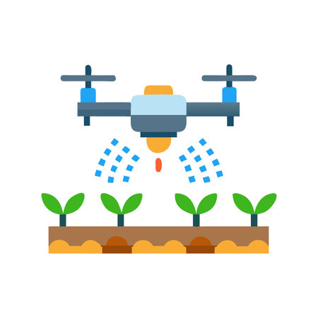Precision Agriculture: Drone Spraying Crops in Flat Design Illustration for Modern Farmingのイラスト素材