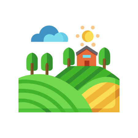 Flat style illustration of a farm landscape with fields, trees and a house.のイラスト素材