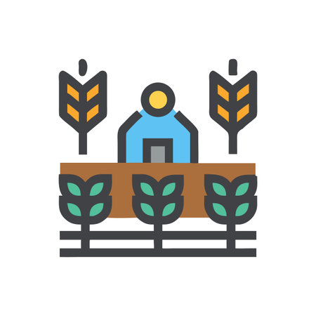 Agriculture and farming icon featuring wheat field, plants and a person symbolのイラスト素材