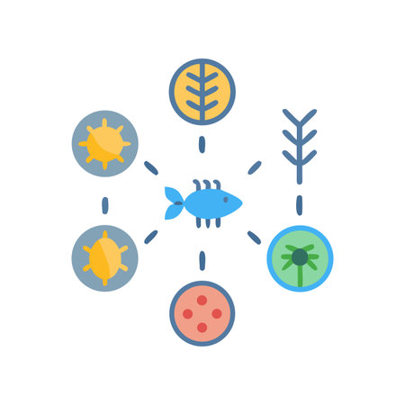 Ecosystem illustration showing marine life connected to various environmental elements around itのイラスト素材