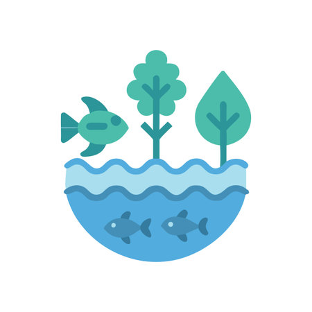 Graphical illustration of an aquatic ecosystem featuring fish, water and vegetation elementsのイラスト素材
