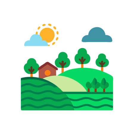 Rural landscape with house trees sun and fields in simple flat vector styleのイラスト素材