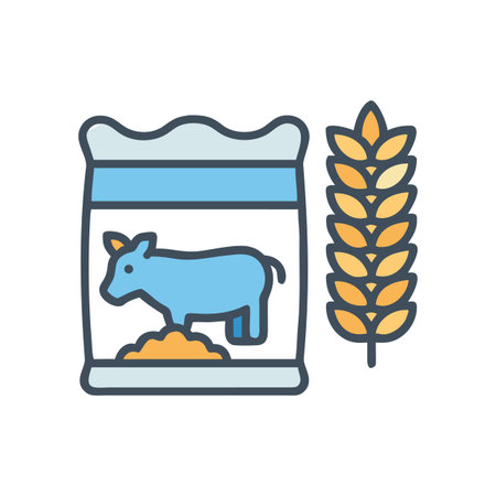 Iconic illustration of animal feed in a bag alongside wheat for livestock nourishmentのイラスト素材