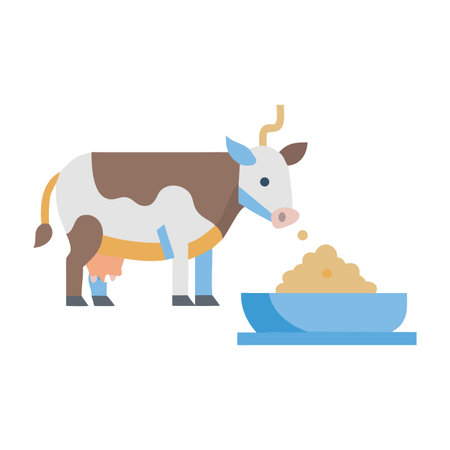 Flat illustration of a cow eating grain from a bowl against a black backgroundのイラスト素材
