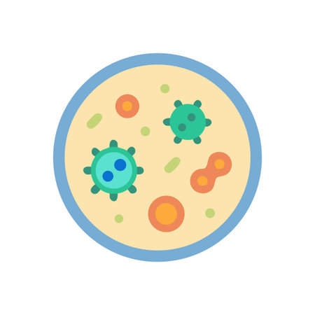 Colorful flat illustration of a petri dish with viruses and bacteria cultures