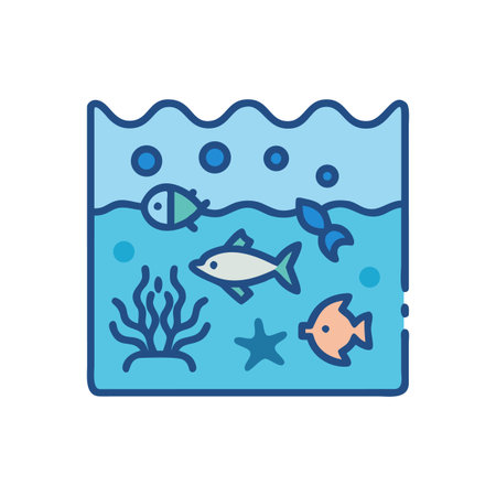 Stylized aquarium scene featuring various fish, starfish, seaweed, and bubbles in light blue waterのイラスト素材