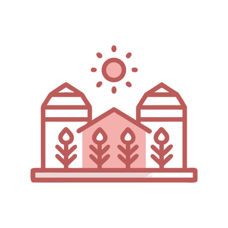 Minimalist farm illustration with barn, silos, plants, and sun on black backdropのイラスト素材