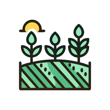 Minimalist Illustration of a Budding Garden Under a Golden Sun, Agriculture Conceptのイラスト素材