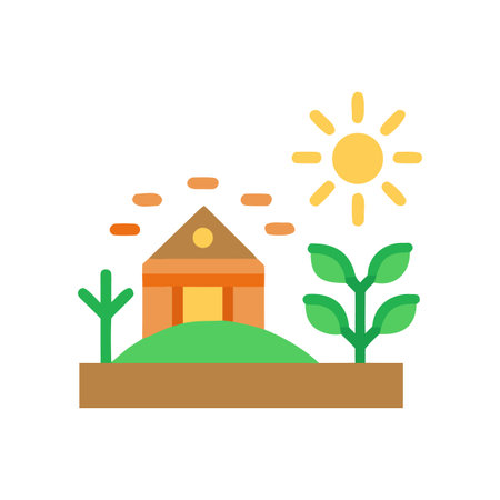 Flat vector illustration of a farm scene with a house and plantsのイラスト素材