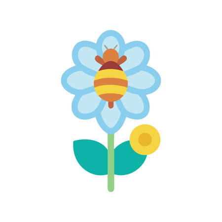Stylized Bee on Light Blue Flower with Yellow Pollen on a Black Backgroundのイラスト素材