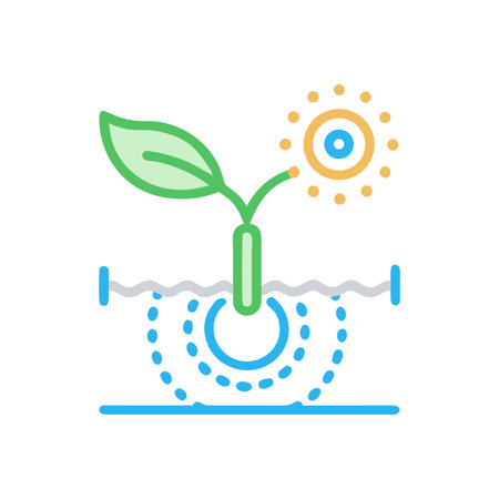 Abstract plant growth illustration, showing sunlight and water absorption on a black backgroundのイラスト素材