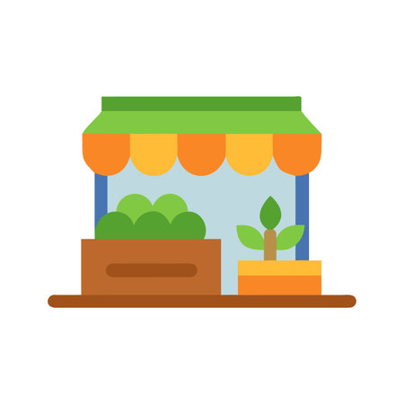 Colorful flat vector illustration of a plant shop with two different displaysのイラスト素材