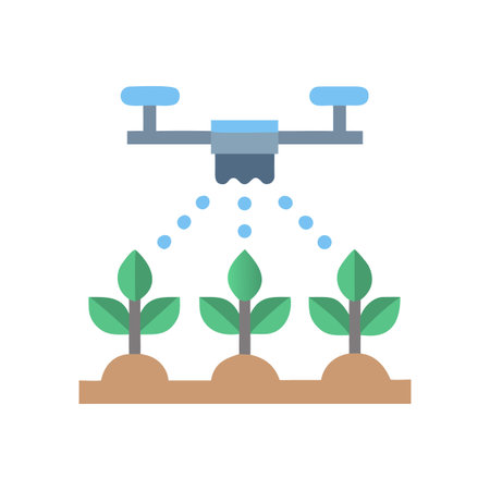 Agriculture technology: Drone spraying water on crops in a modern farm settingのイラスト素材