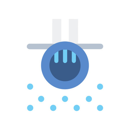 Flat icon of water sprinkler with blue drops on black background.のイラスト素材