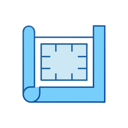 Architectural blueprint on a roll with outlined room layout, light blue paletteのイラスト素材