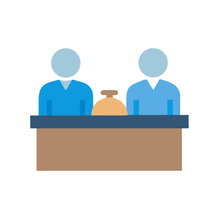 Reception desk flat illustration with people and bell for travel industryのイラスト素材