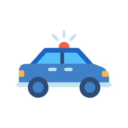 Minimalist flat illustration of a police car with flashing lights on a black backgroundのイラスト素材