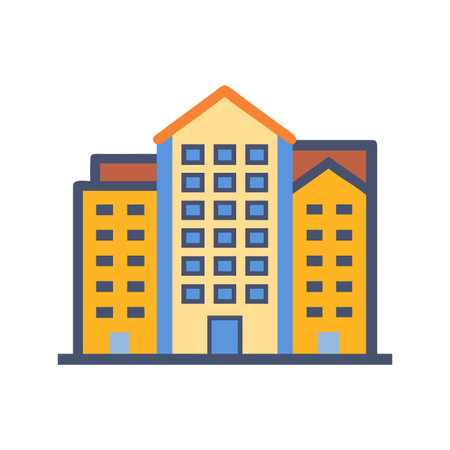 Illustration of a modern multi-story building with blue windows on black backgroundのイラスト素材