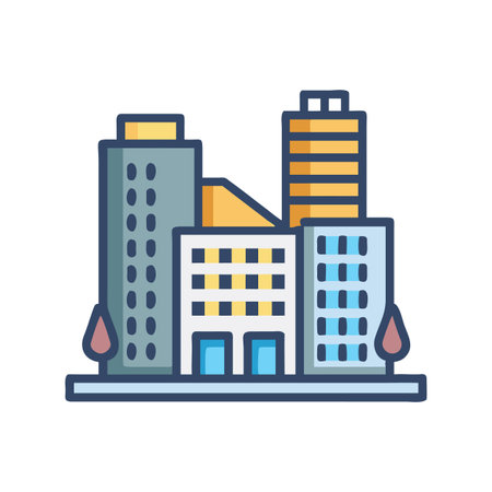 Modern city skyline illustration featuring various buildings and architectural styles on black backgroundのイラスト素材