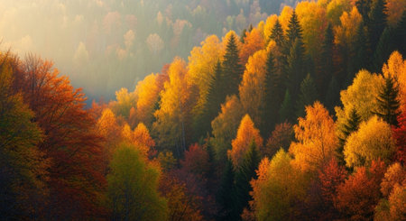 Colorful autumn forest in the mountains. Panoramic view.の写真素材