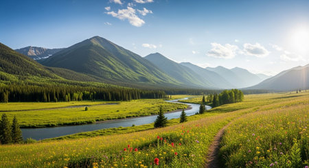 Mountain meadow with wildflowers and river. Panoramaの写真素材
