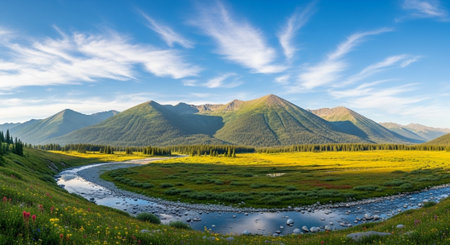 Panoramic view of alpine meadow with wildflowers.の写真素材