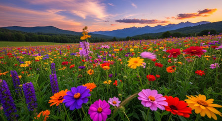 Colorful flowers in the meadow at sunset with mountains in the backgroundの写真素材