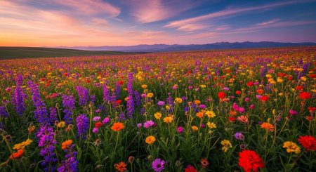 Meadow full of colorful flowers at sunset, California, USAの写真素材