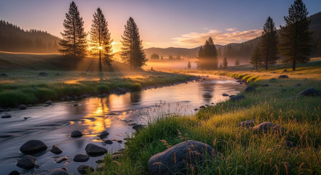 Sunrise over a mountain river in the Altai Mountains, Russiaの写真素材