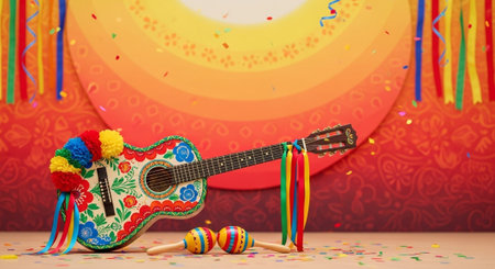Guitar with colorful decoration and confetti on red background.の写真素材