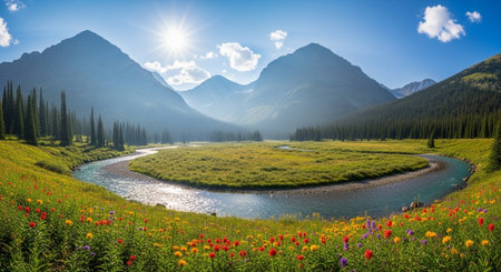 Panoramic view of the mountain valley with a river and flowers