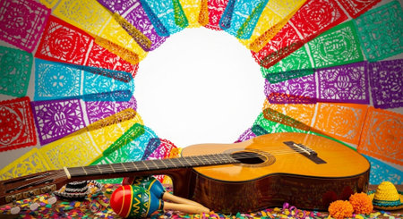 Guitar and maracas on colorful background