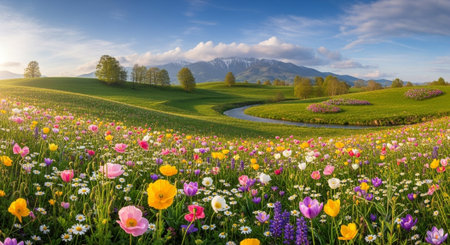 Colorful spring meadow with flowers and mountains on the background.の写真素材