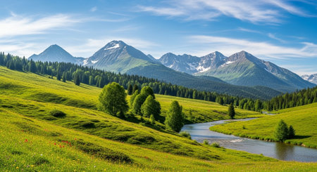 Panoramic view of the alpine meadow in the mountainsの写真素材