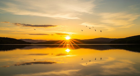 Beautiful sunset on the lake with a flock of birds flying in the skyの写真素材