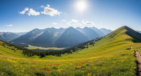 panoramic view of the alpine meadow with wildflowers