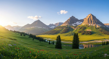Panoramic view of beautiful alpine meadow with blooming flowers.